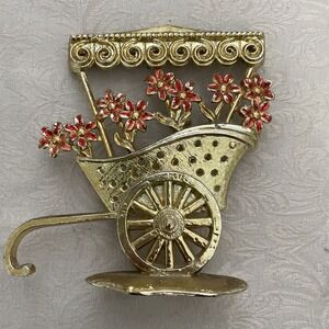Revere VTG Metal Earring‎ Tree Holder Gold Colored Flower Cart Pink Daisies